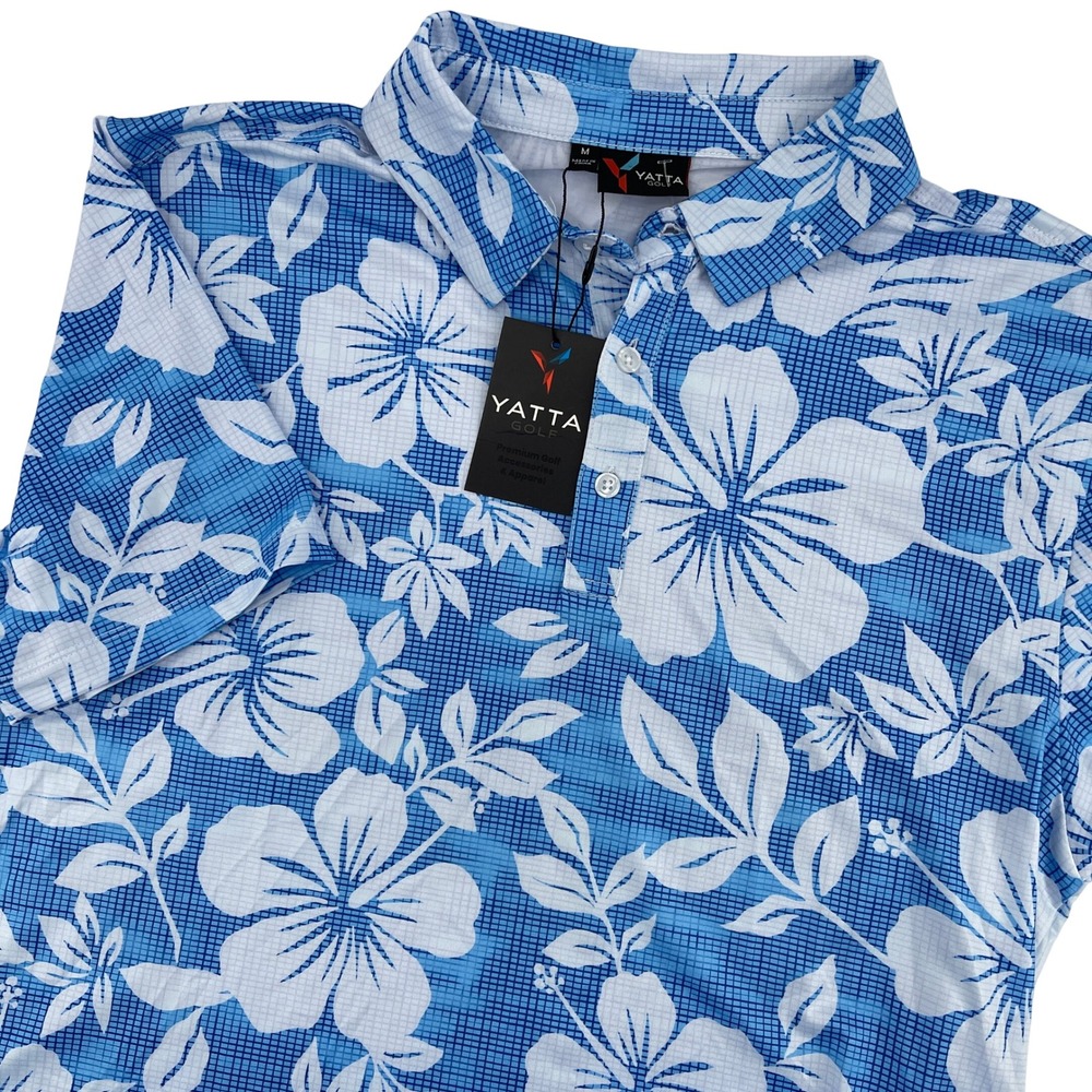 NEW Yatta Golf Mens M Blue White‎ Hibiscus Floral Print Short Sleeve Polo Shirt